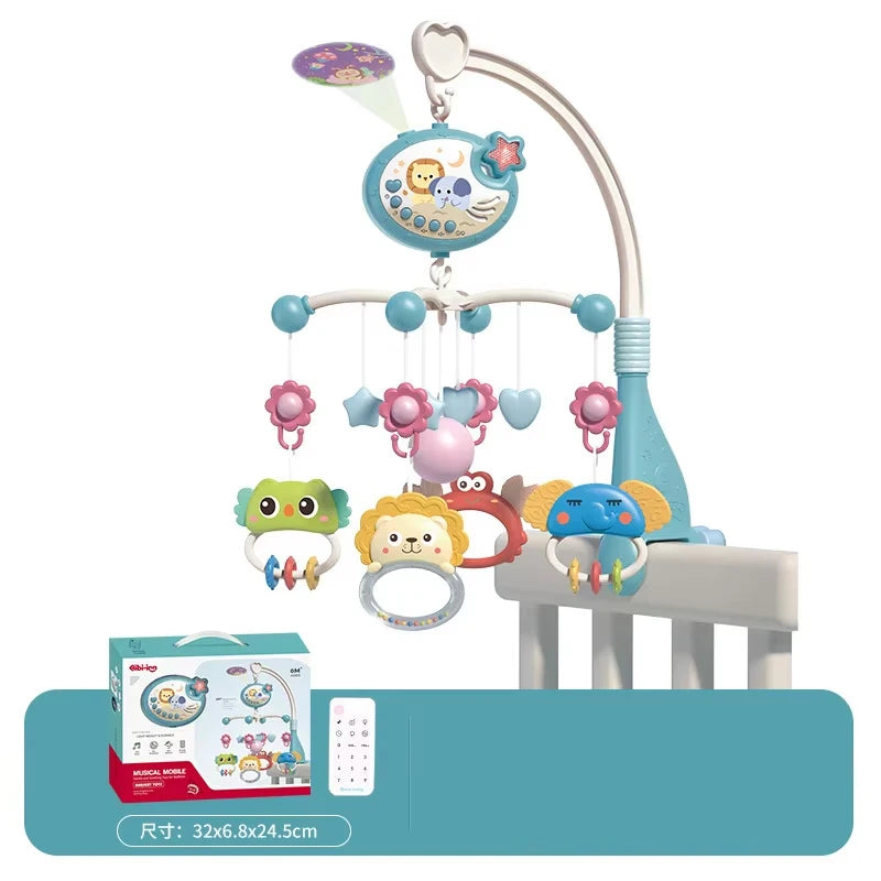 Nova Mart baby crib mobile with lights, music, and projection, featuring remote control for soothing entertainment in a nursery.