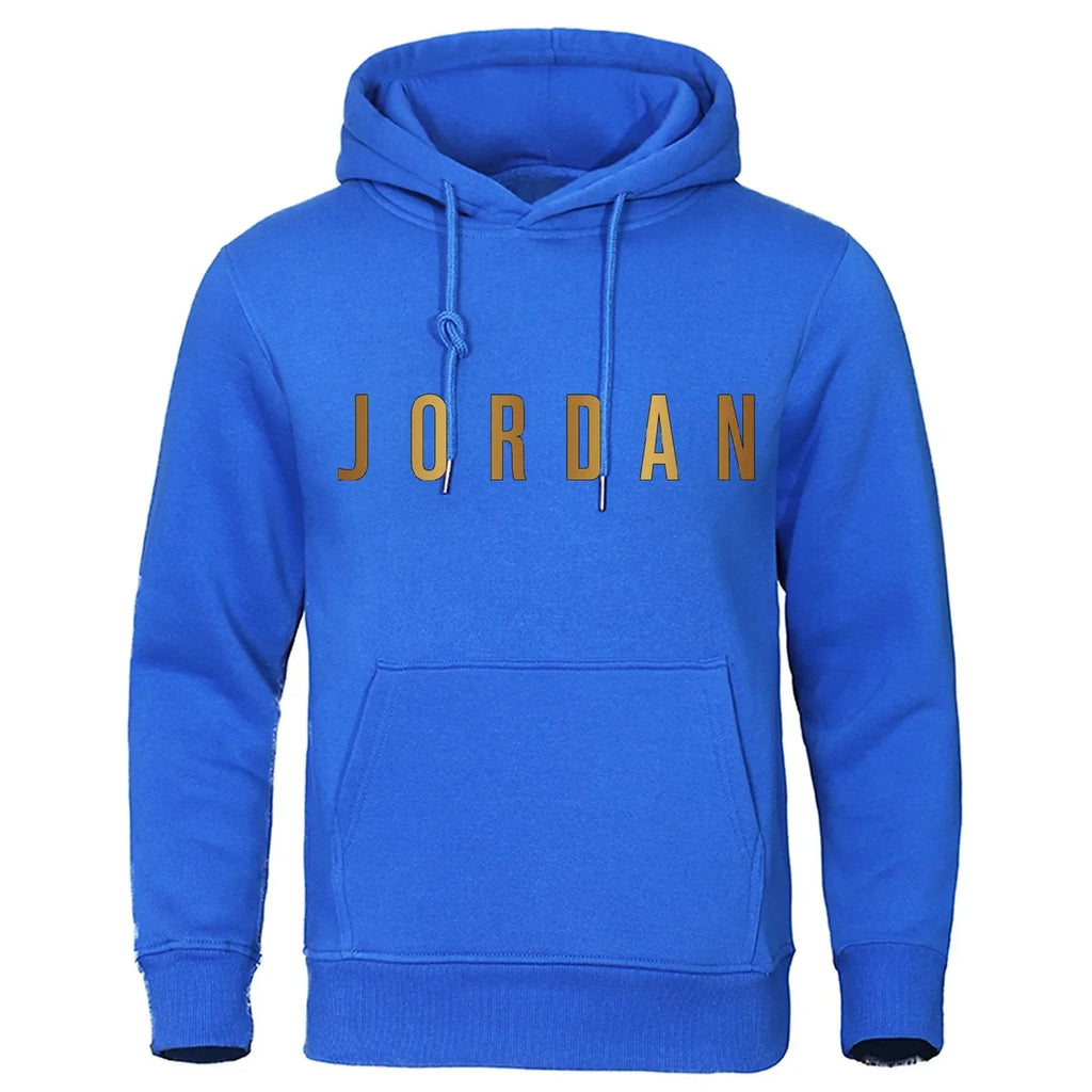 Men's navy hooded sportswear hoodie made of knit polyester with a front pocket and adjustable drawstring hood.