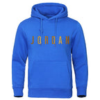 Men's navy hooded sportswear hoodie made of knit polyester with a front pocket and adjustable drawstring hood.