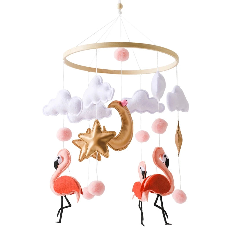 Wooden baby crib mobile by Nova Mart featuring a soft felt cartoon bear and music box for infant nursery decor.