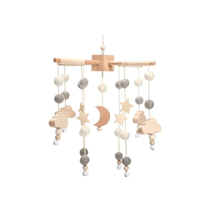 Wooden crochet stars baby crib mobile with bell rattle toy, Nova Mart baby toy for soothing and entertainment in the nursery.