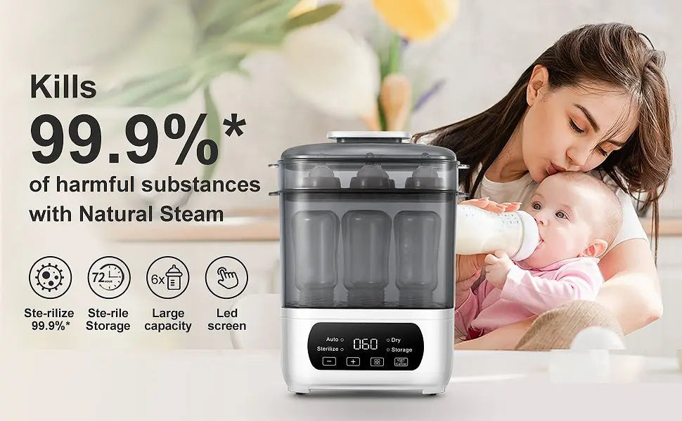 Nova Mart 4-in-1 baby bottle sterilizer and dryer with LED touch control, auto shut-off, and universal fit for all bottle types.