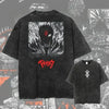 Men's Berserk anime graphic T-shirt in washed oversized streetwear style, featuring bold character design on soft fabric.