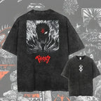 Men's Berserk anime graphic T-shirt in washed oversized streetwear style, featuring bold character design on soft fabric.