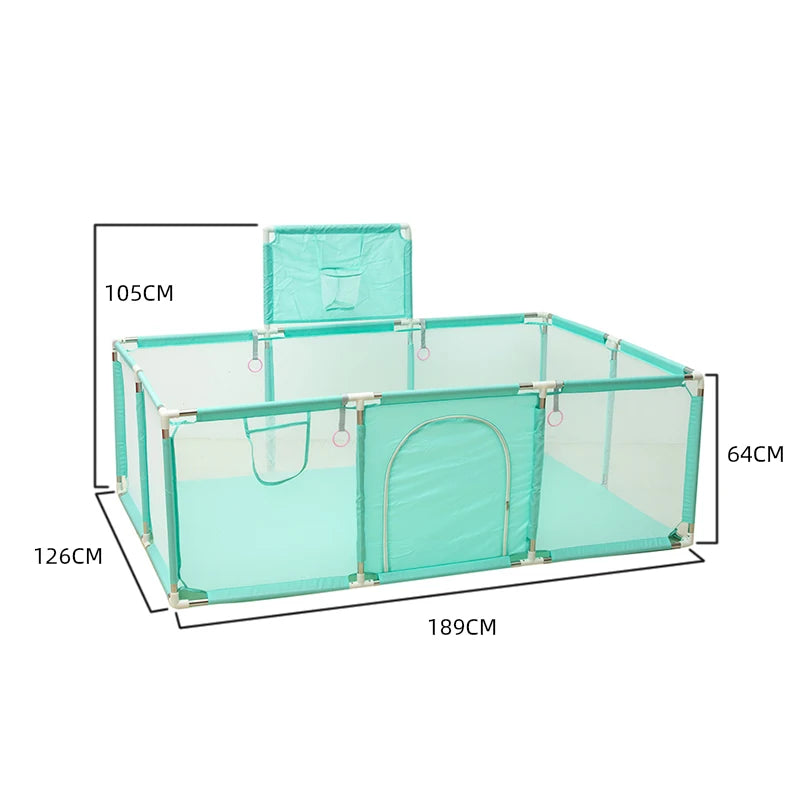 Safety baby playpen with basketball frame by Nova Mart, indoor kids playground with colorful safety barriers and basketball hoop.