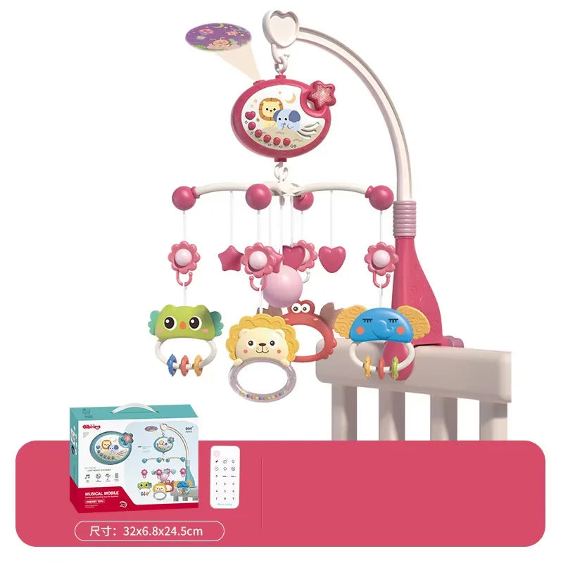 Nova Mart baby crib mobile with lights, music, and projection, featuring a remote control for soothing entertainment for infants.