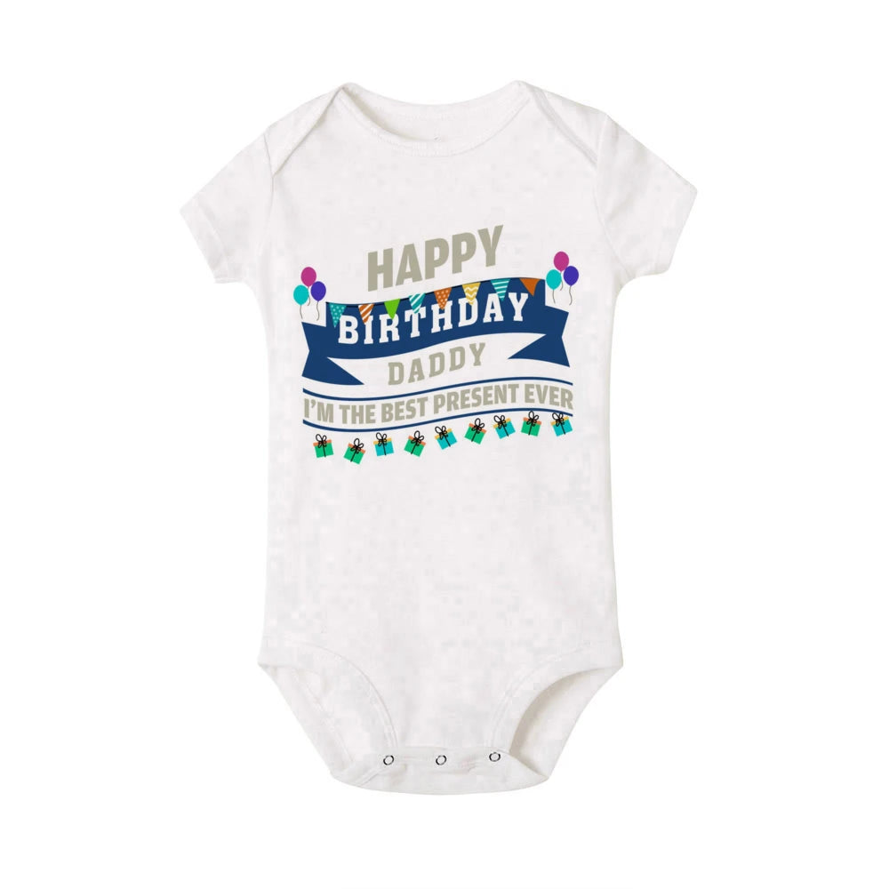 Baby bodysuit by Nova Mart featuring a short sleeve summer romper with "Happy Birthday Daddy" print for baby boys.