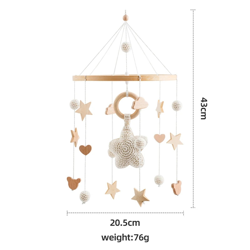 Wooden crochet stars baby crib mobile with bell rattle toy, soft baby toy from Nova Mart featuring star-shaped crochet designs.