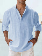 Men's linen stand collar shirt by Nova Mart, loose fit long sleeve men's fashion top with breathable fabric and stylish design.