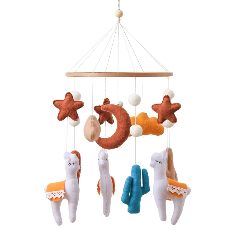 Wooden baby crib mobile featuring a soft felt cartoon bear and music box by Nova Mart, perfect for soothing infants in a nursery.