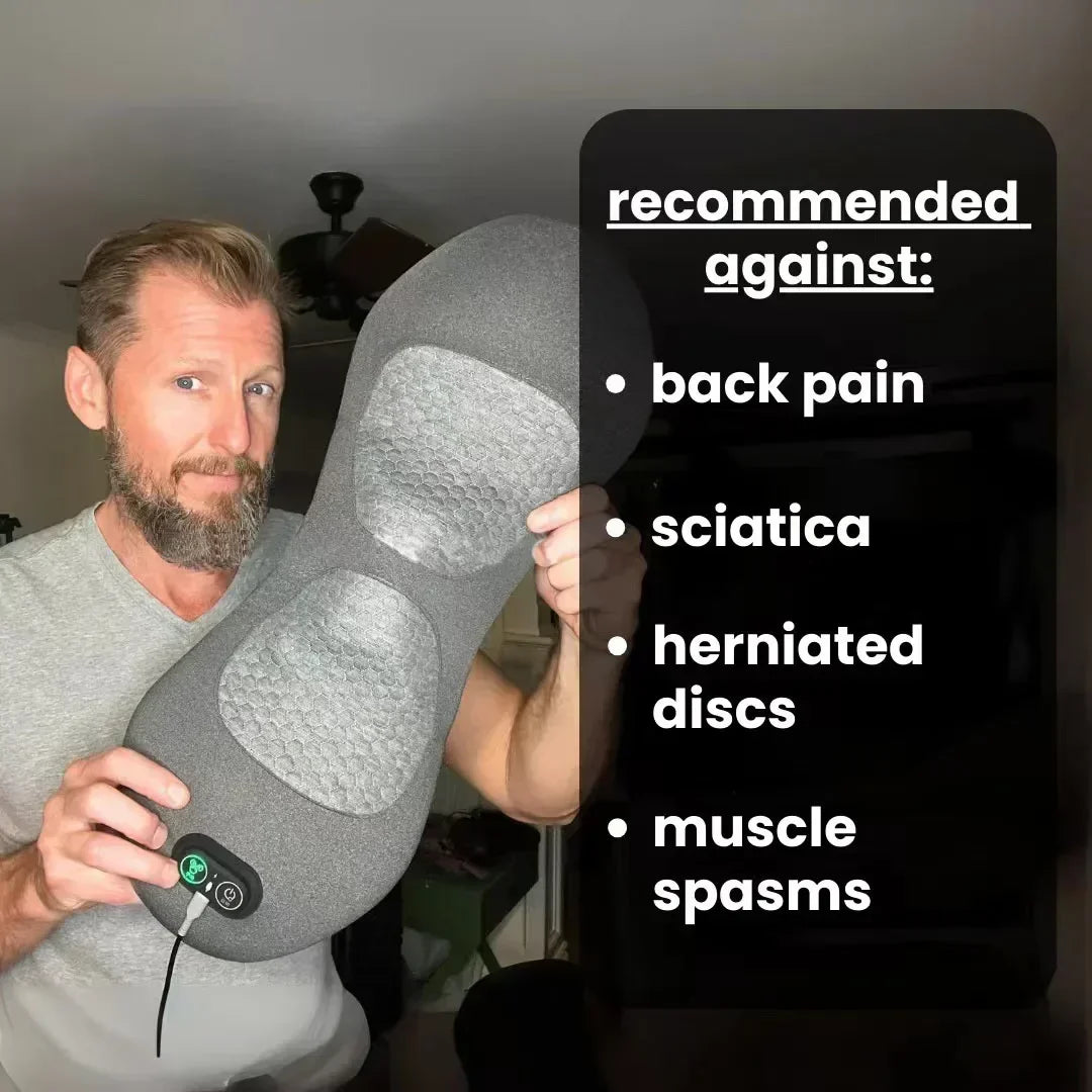 Nova Mart 3-in-1 back massager with heat and vibration, designed for back pain relief, showing the device with adjustable settings.