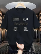 Men's Y2K street T-shirt by Nova Mart with retro letter print, made of pure cotton, displayed on a neutral background.