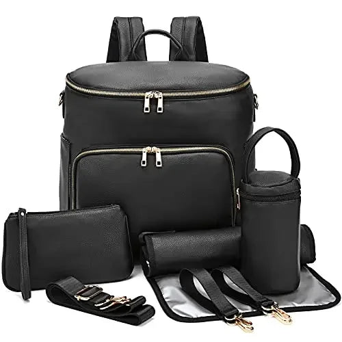 Nova Mart PU leather diaper backpack with changing pad and insulated pockets, stylish and functional for parents.