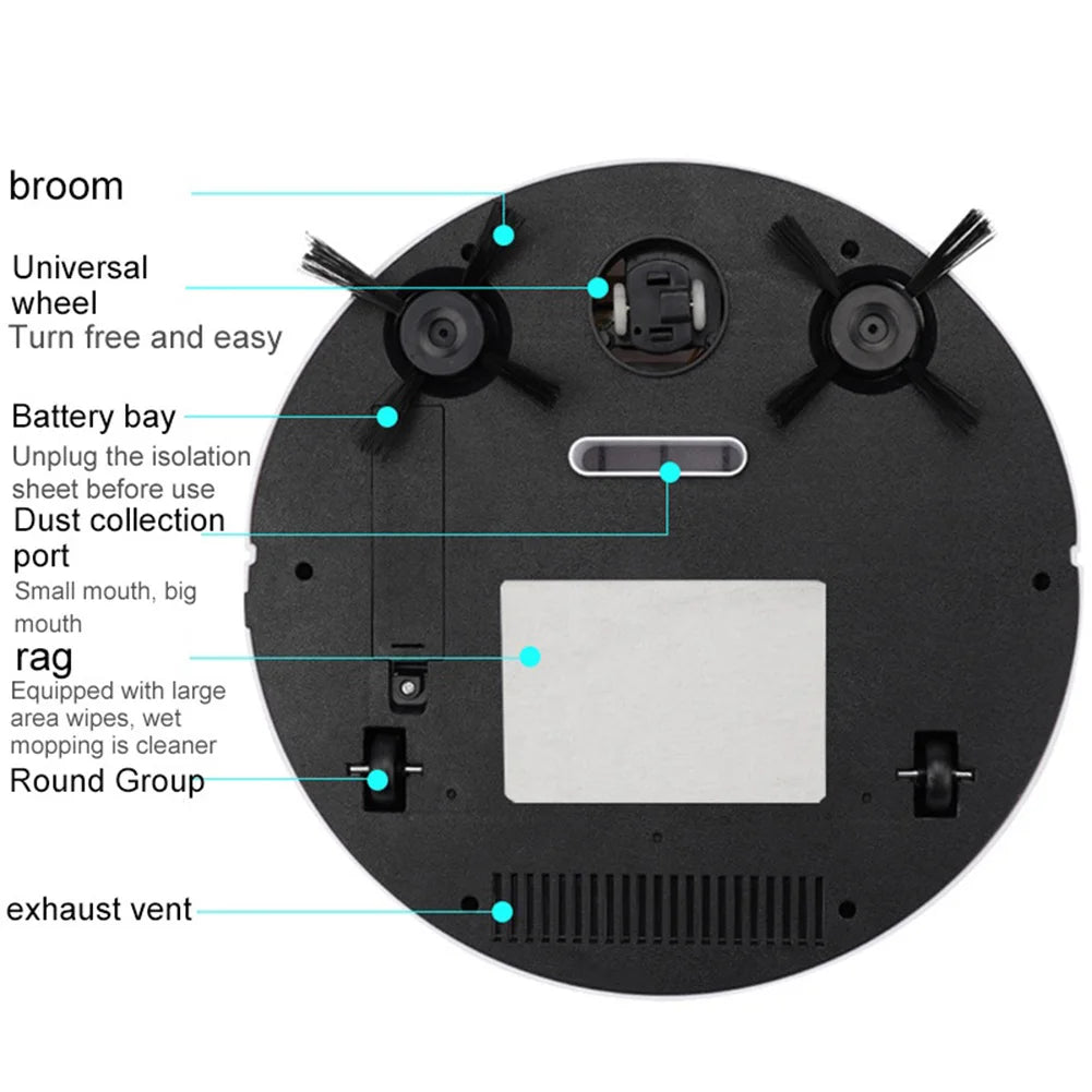 Nova Mart 3-in-1 robotic vacuum cleaner with mop and sweep, featuring 1000Pa suction power, shown cleaning a hardwood floor.