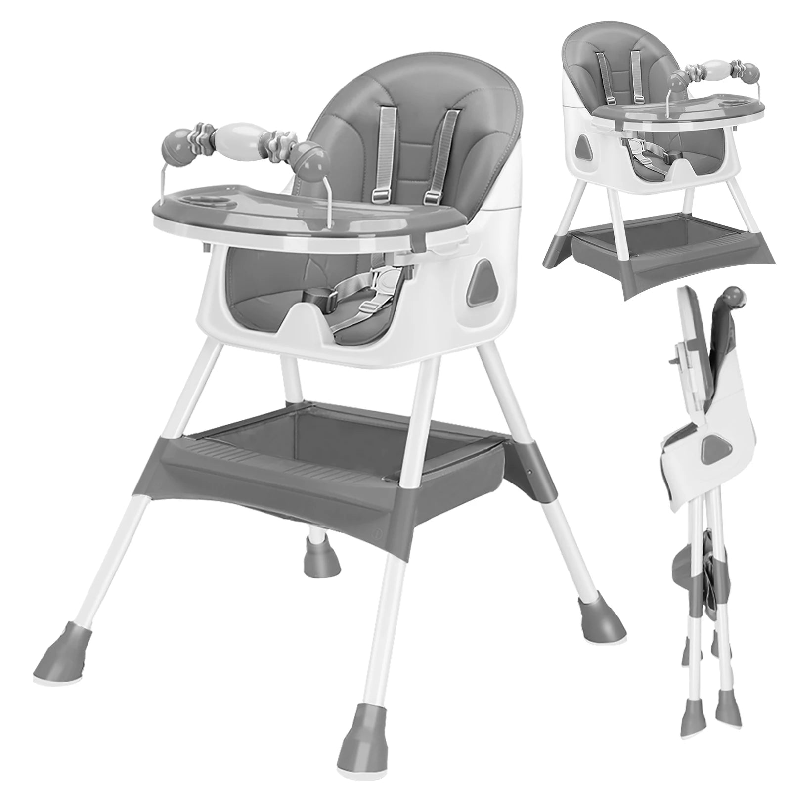 Foldable Nova Mart baby high chair with antislip pad and toy rack, showing the chair's folded and assembled views.