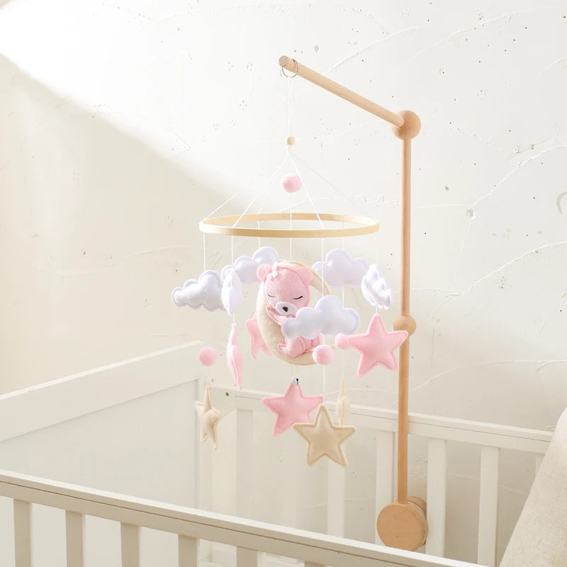 Wooden baby mobile and crib bell rattle toy by Nova Mart, featuring colorful hanging figures and a gentle music box for newborns.