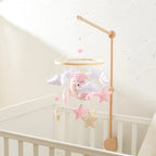 Wooden baby mobile and crib bell rattle toy by Nova Mart, featuring colorful hanging figures and a gentle music box for newborns.