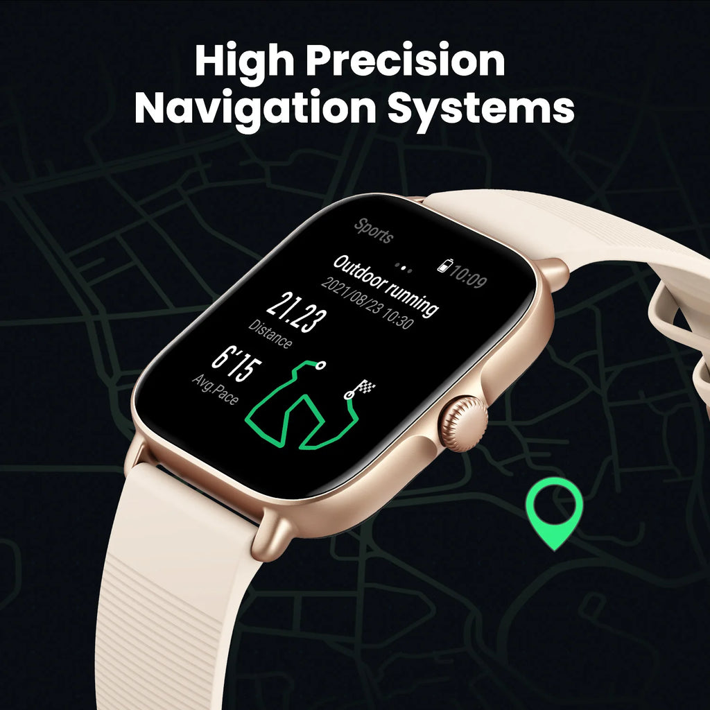 A close-up of the Amazfit GTS 4 Mini smartwatch displaying health metrics and multiple sports modes on its sleek screen.