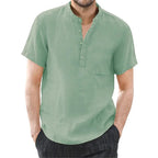 Men's cotton linen short sleeve T-shirt in solid color, breathable summer casual wear from Nova Mart, shown in a relaxed fit.