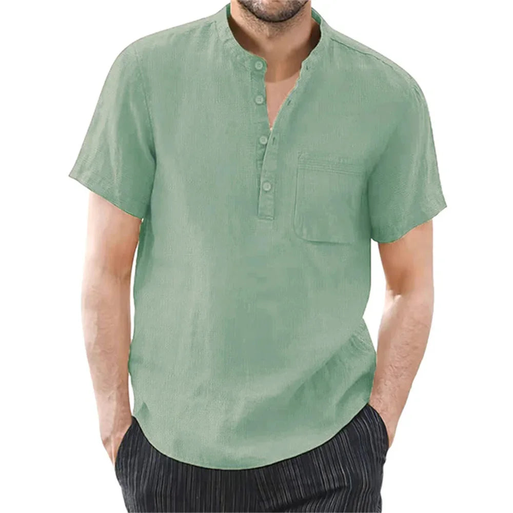 Men's cotton linen short sleeve T-shirt in solid color, breathable summer casual wear from Nova Mart, shown in a relaxed fit.