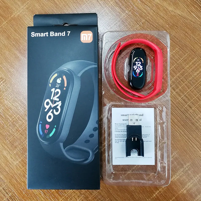 Nova Mart M7 Smart Band with heart rate monitor and fitness tracker, showing varied watch dials on a sleek digital display.