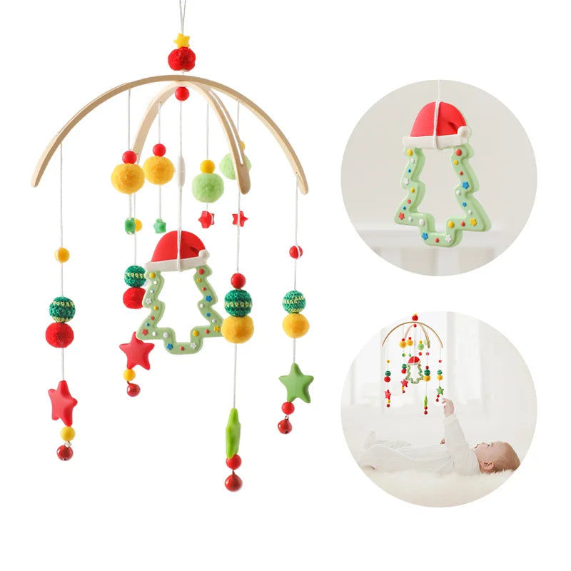 Wooden wind chime baby crib mobile with animal felt dolls and musical elements, designed for baby toys by Nova Mart.