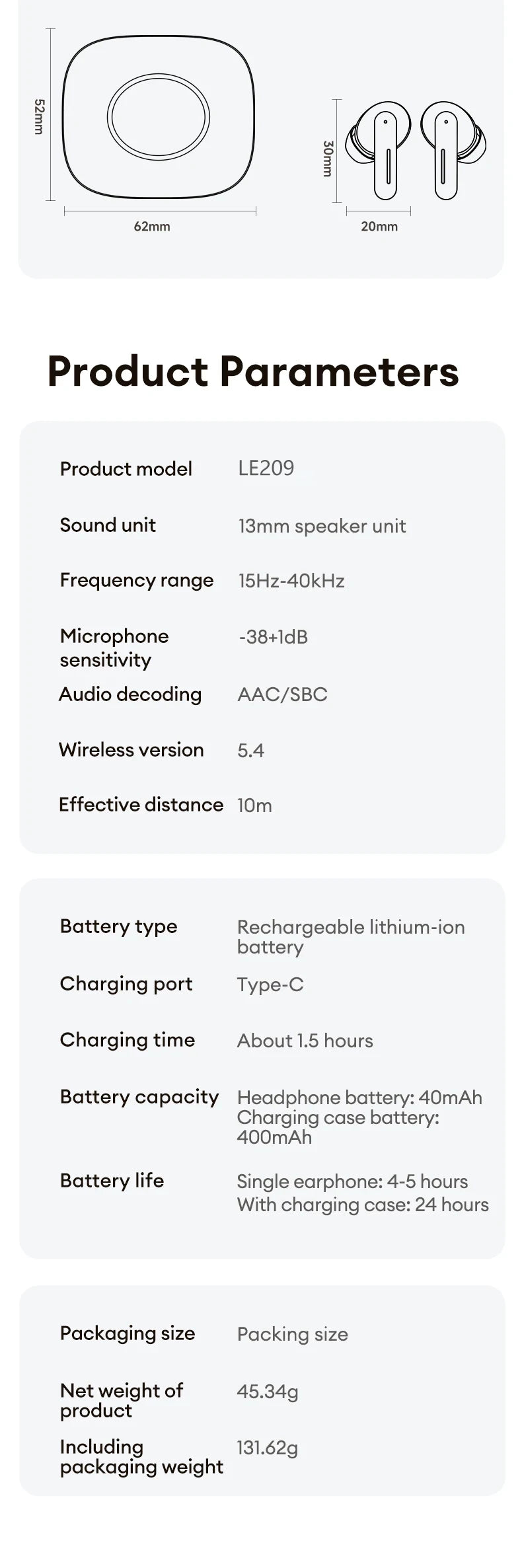 Lenovo LE209 ANC earbuds with 12mm drivers and 30-hour battery, shown in black with in-ear design and charging case