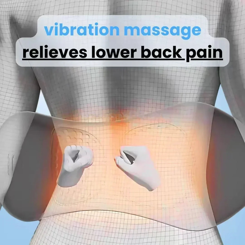 Nova Mart 3-in-1 back massager with heat and vibration for back pain relief, showing the device with adjustable settings.