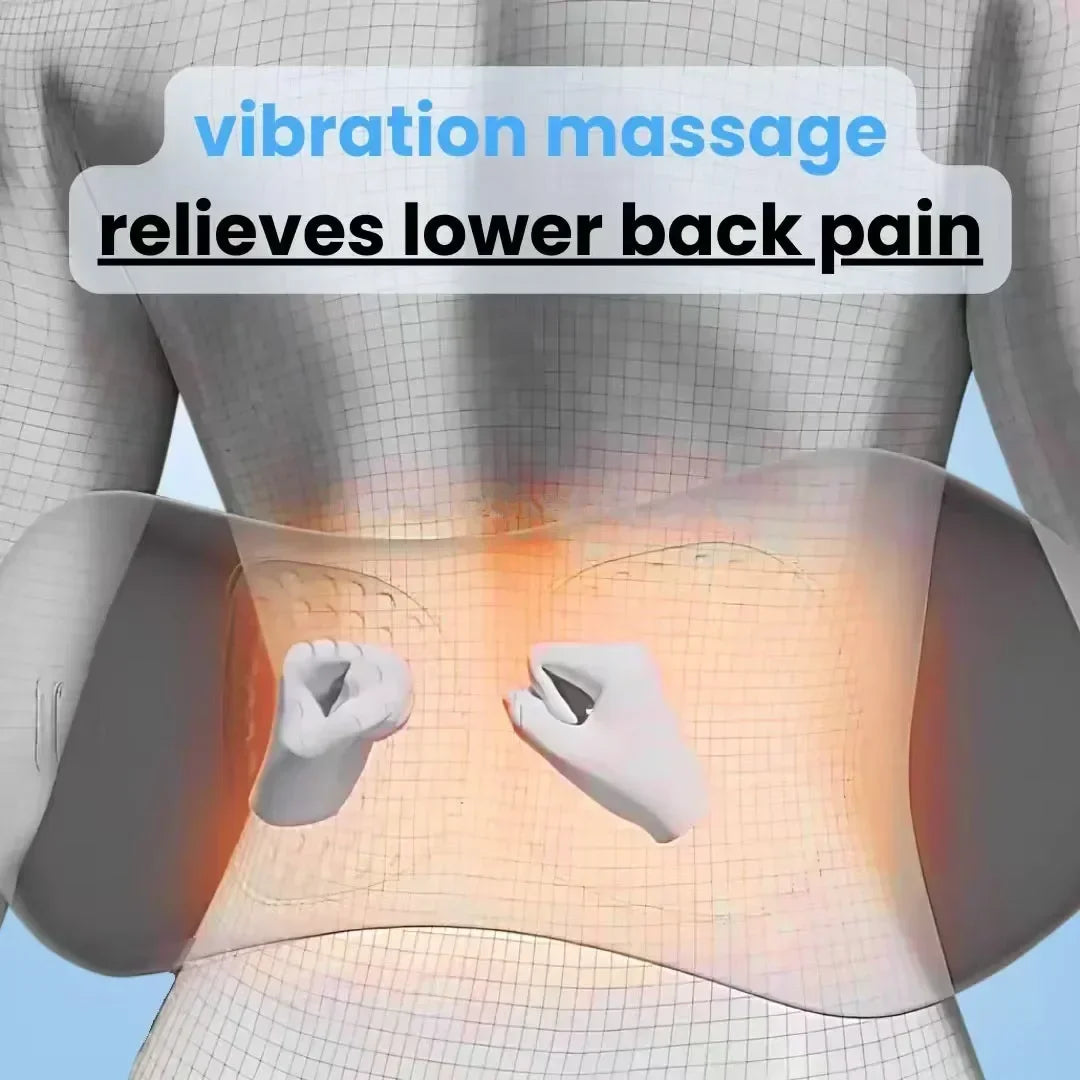 Nova Mart 3-in-1 back massager with heat and vibration for back pain relief, showing the device with adjustable settings.