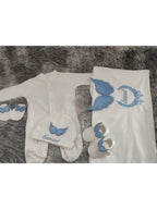 White and blue embroidered newborn angel wings outfit set from Nova Mart, featuring soft baby clothing and angel wing details.