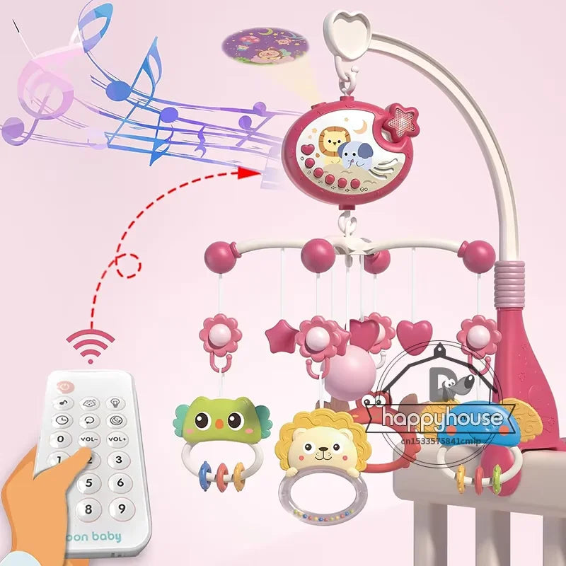 Baby crib mobile with lights, music, and projection from Nova Mart, featuring colorful hanging toys and a remote control for soothing entertainment.