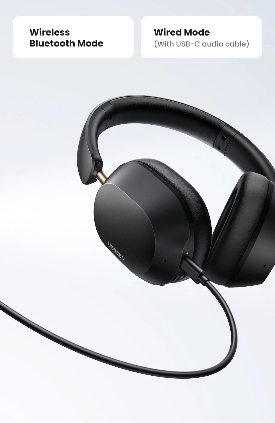 UGREEN Max5c ANC headphones with LDAC Hi-Res audio, over-ear design, and 75-hour battery life for immersive listening.