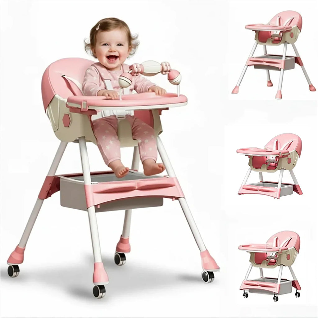 Foldable Nova Mart 4-in-1 baby high chair with 7 adjustable heights, toy rack, and safety straps for versatile baby furniture.