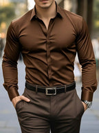 Men's red formal dress shirt with long sleeves, tailored fit, from Nova Mart, shown on a model with collar and button details.