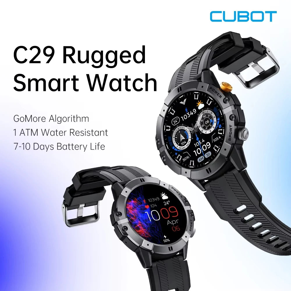 CUBOT C29 smartwatch with 1.52-inch display, Bluetooth call, and 410mAh battery, shown on a wrist in a lifestyle setting.