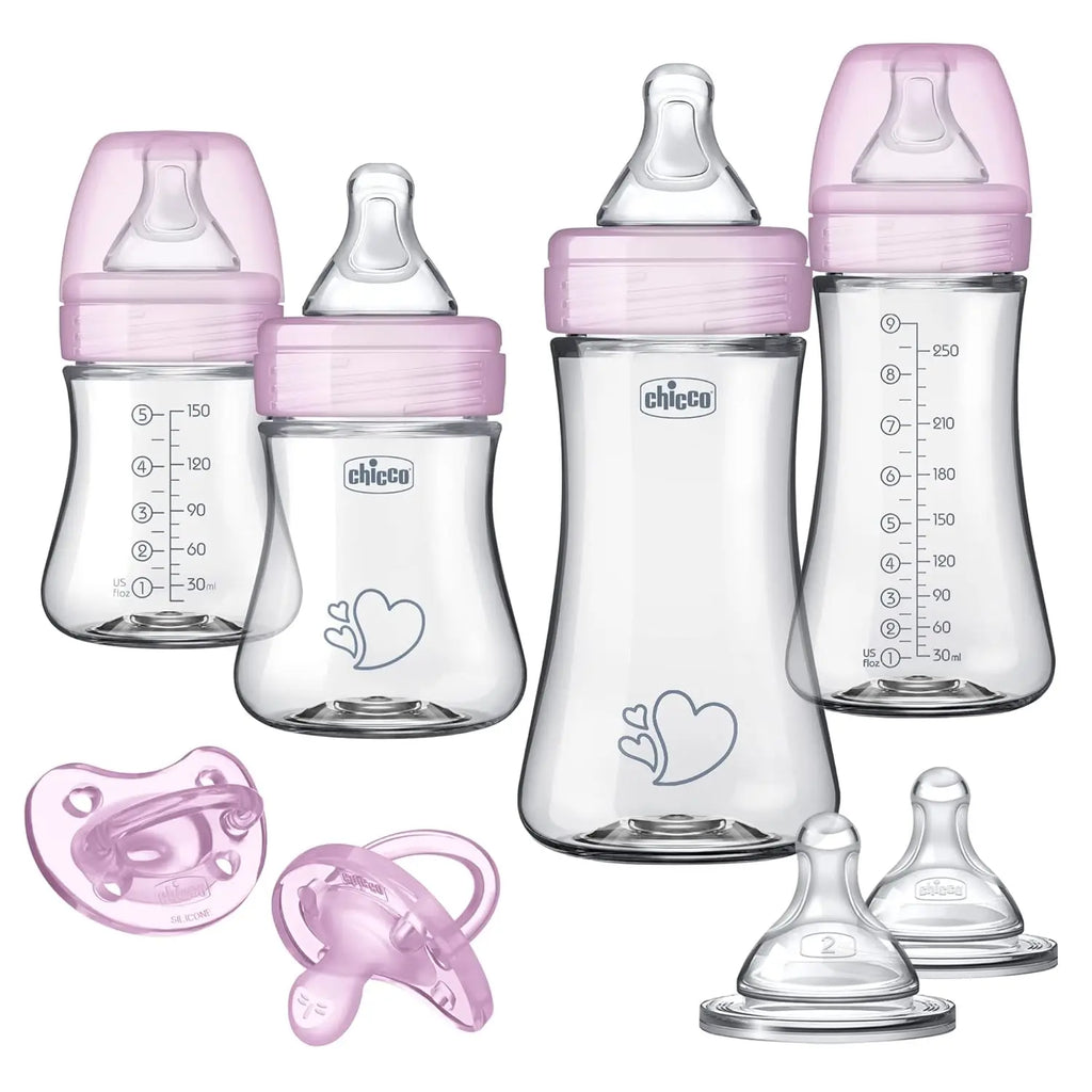 Nova Mart hybrid baby bottle set with clear glass inside and pink plastic outside, dishwasher and sterilizer safe.