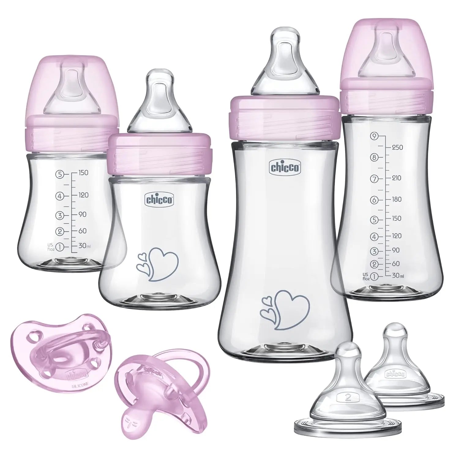 Nova Mart hybrid baby bottle set with clear glass inside and pink plastic outside, dishwasher and sterilizer safe.