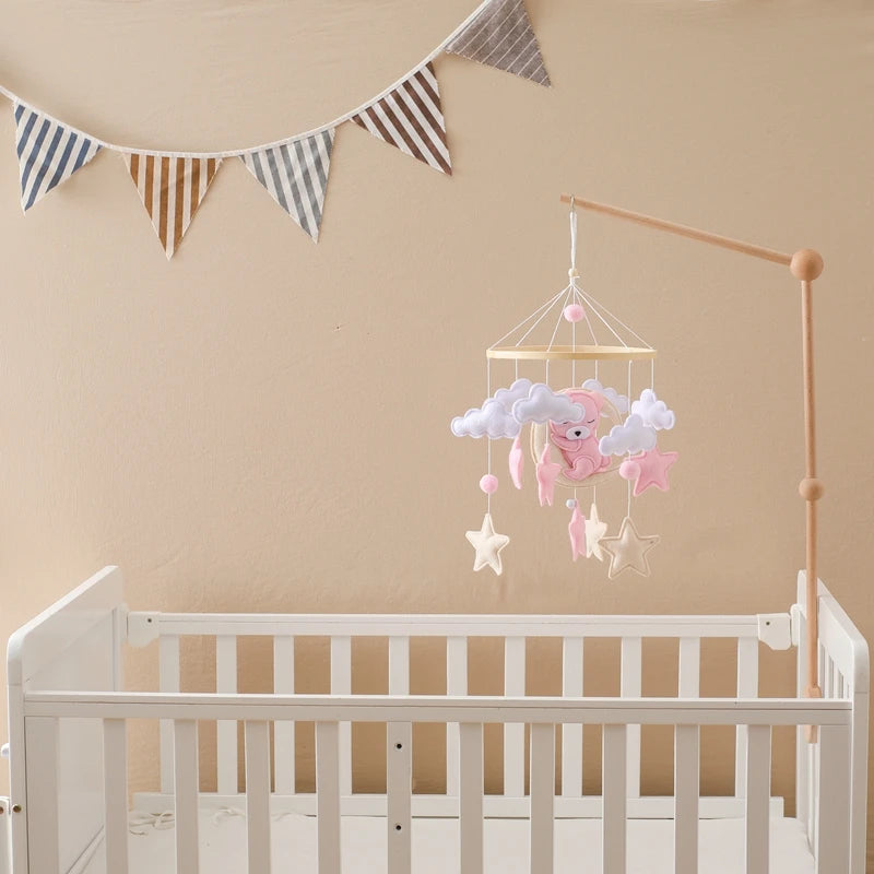 Wooden baby mobile and crib bell rattle toy from Nova Mart, featuring soft music box and colorful baby toy for 0-12 months.