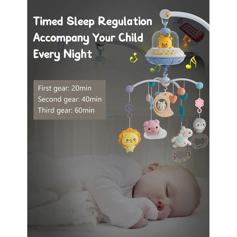 Baby crib mobile with lights, music, and projection from Nova Mart, featuring colorful toys and a remote control for soothing entertainment.