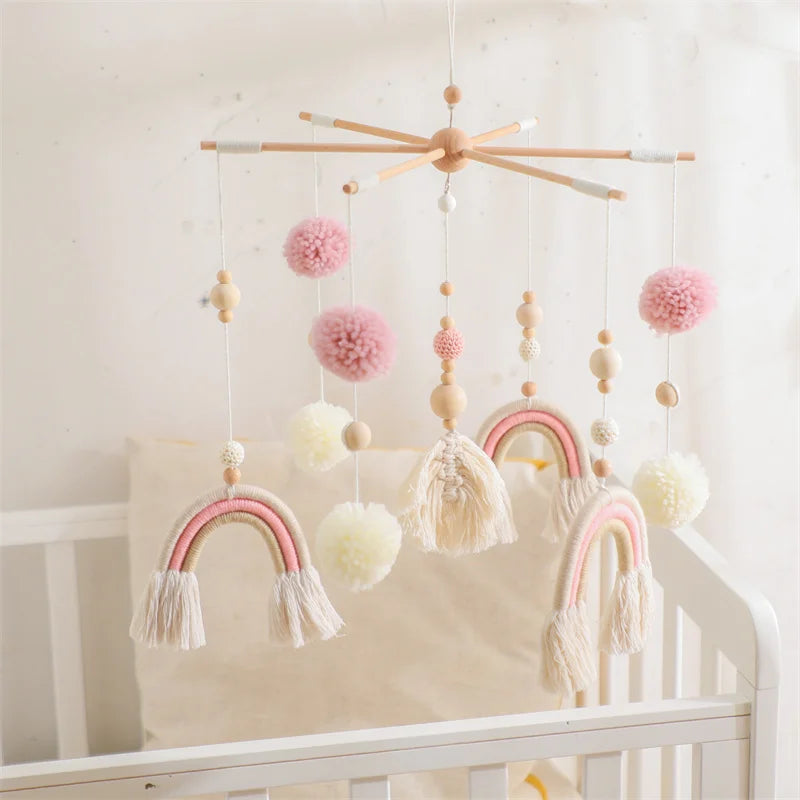 Wooden baby crib mobile with animal felt dolls and music, Nova Mart baby toy for soothing nursery decor and gentle entertainment.