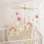 Wooden baby crib mobile with animal felt dolls and music, Nova Mart baby toy for soothing nursery decor and gentle entertainment.
