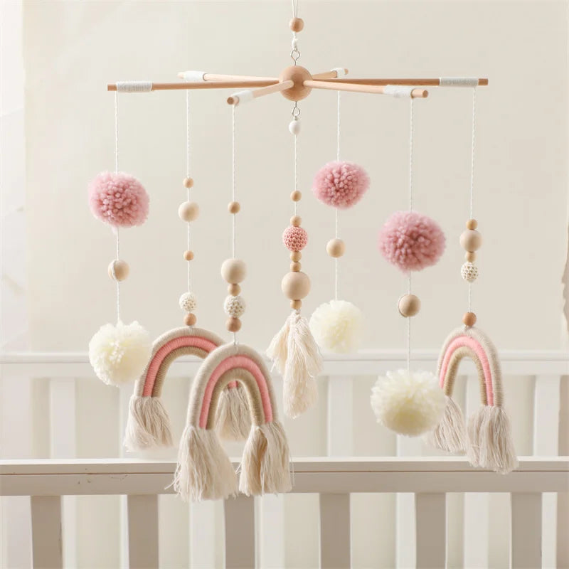 Wooden wind chime baby crib mobile by Nova Mart with animal felt dolls and musical elements hanging from a wooden frame.