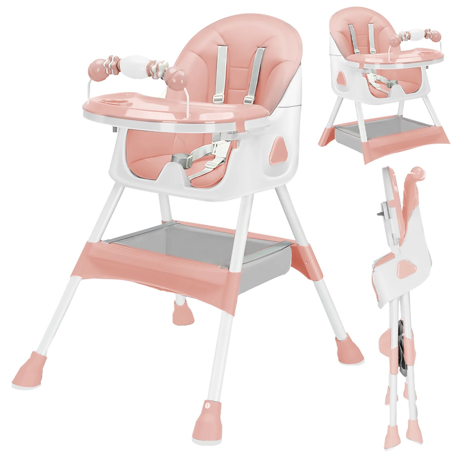 Foldable Nova Mart baby high chair with antislip pad and toy rack, showing its compact design and safety features.