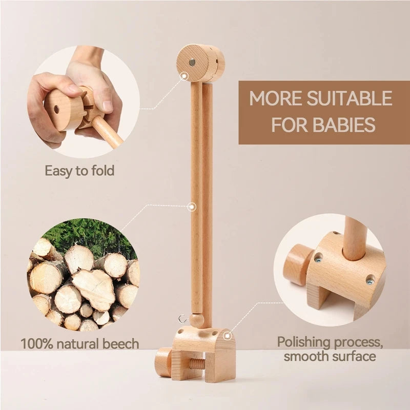 Wooden baby crib rattle toy with crochet bed bell bracket, suitable for infants aged 0-12 months, by Nova Mart.