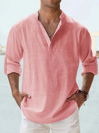 Men's loose fit linen stand collar shirt with long sleeves, casual men's fashion from Nova Mart, shown in natural fabric detail