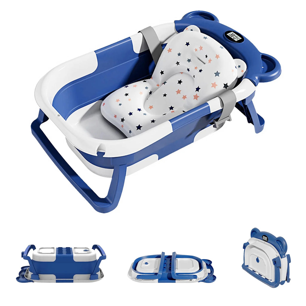 Collapsible baby bathtub with thermometer and floating cushion by Nova Mart, shown in a compact, foldable design with soft interior.