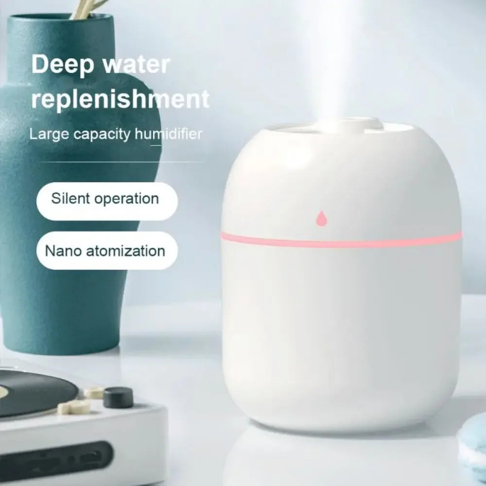 Side view of the compact 220ML USB Humidifier, demonstrating its portable size and the convenient USB power input.