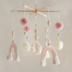 Wooden wind chime baby crib mobile by Nova Mart featuring animal felt dolls and gentle music for soothing nursery decor
