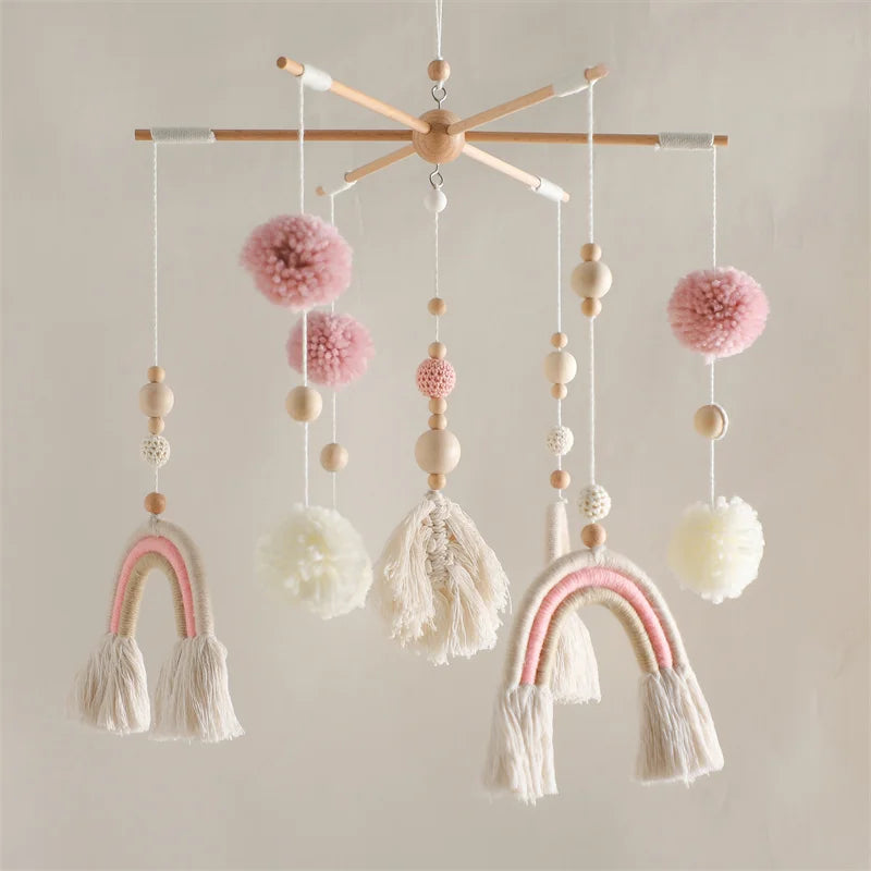 Wooden wind chime baby crib mobile by Nova Mart featuring animal felt dolls and gentle music for soothing nursery decor