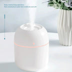 A 220ML USB Humidifier, compact and sleek, operating silently on a desk, illustrating its whisper-quiet misting function for